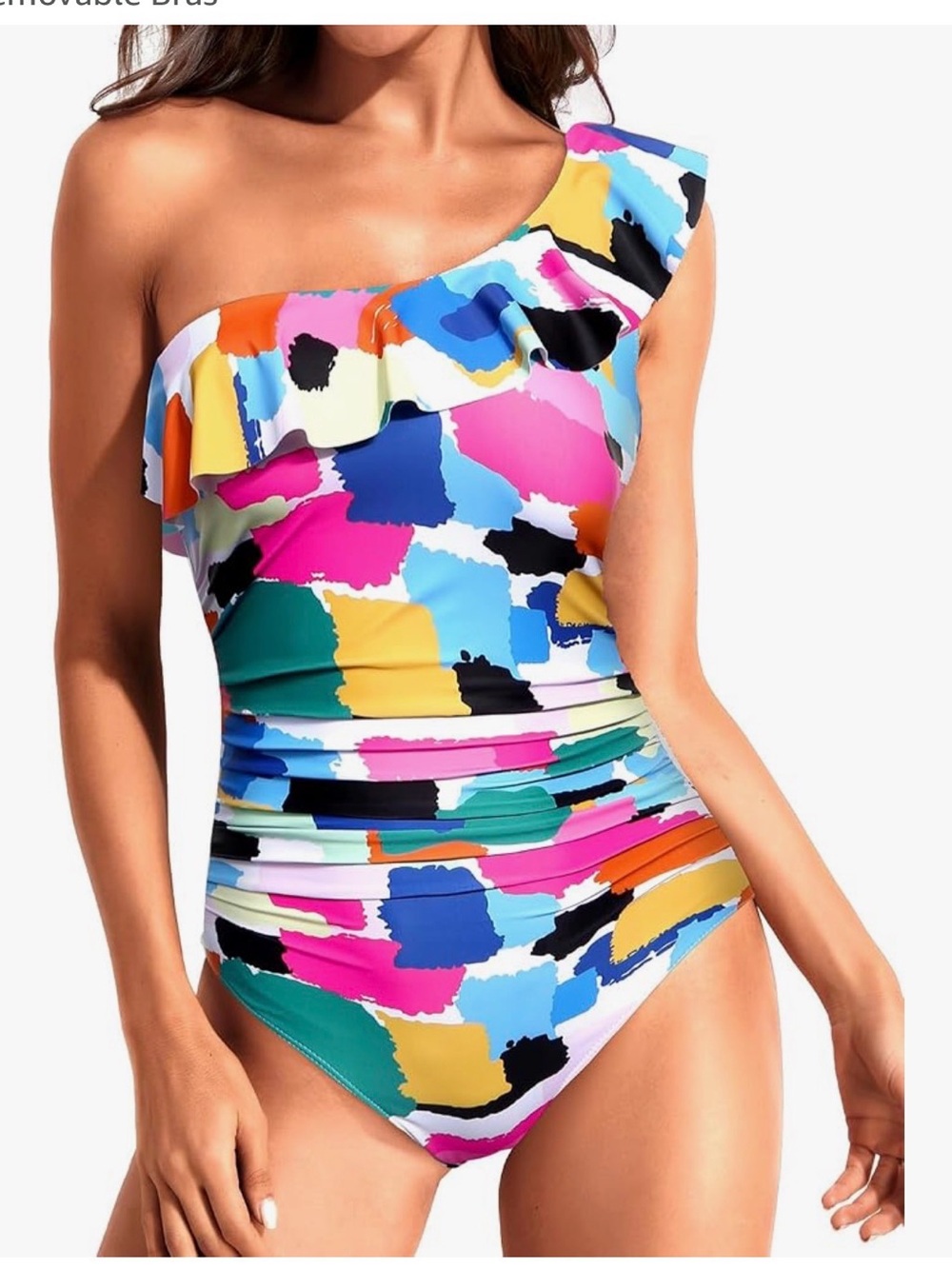 One-Shoulder Multicolor Ruffle Bikini Top & High Waist Bottom